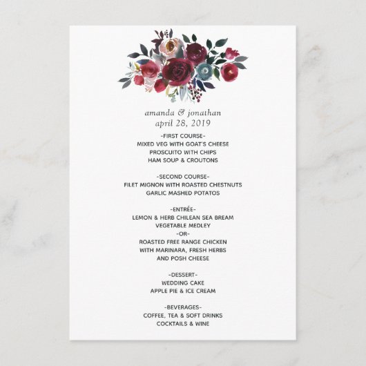 Boho Chic Burgundy and Navy floral Wedding Menu (Voorkant)