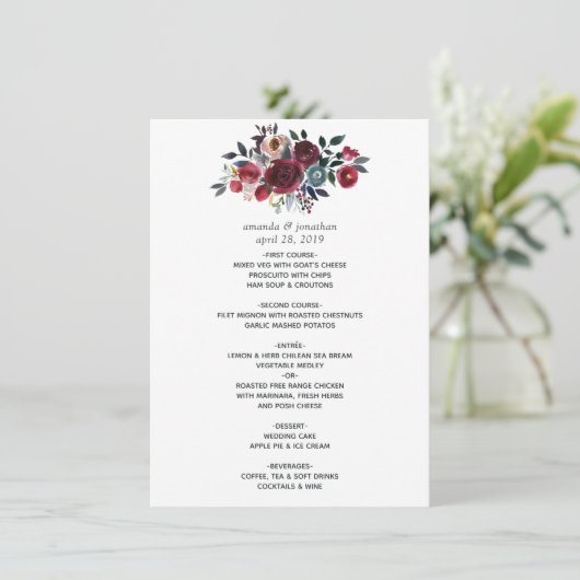 Boho Chic Burgundy and Navy floral Wedding Menu (Staand voorkant)