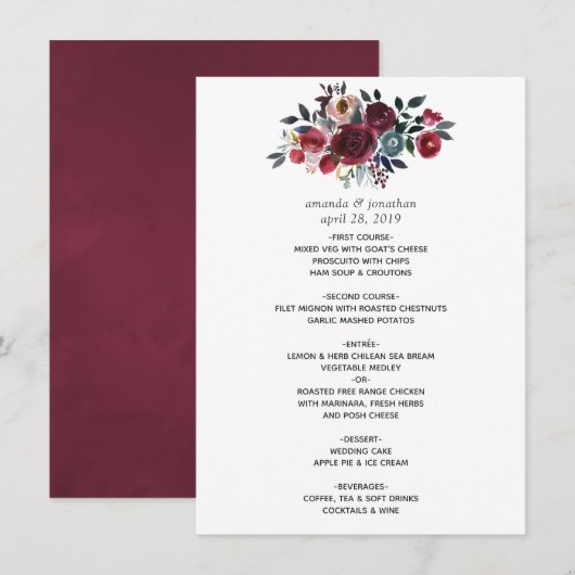 Boho Chic Burgundy and Navy floral Wedding Menu (Voorkant / Achterkant)