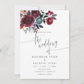 Boho Chic Burgundy and Navy floral Wedding nodig Kaart (Voorkant)