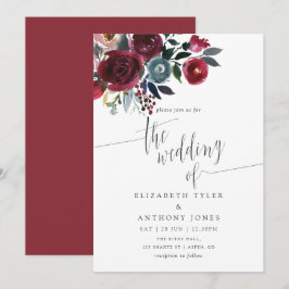 Boho Chic Burgundy and Navy floral Wedding nodig Kaart