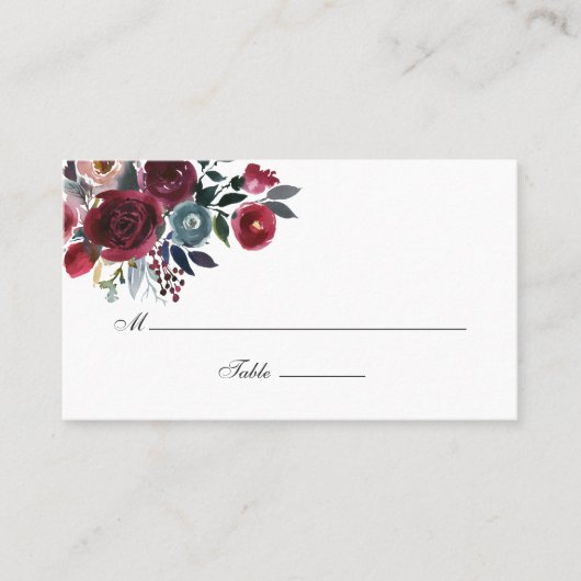 Boho Chic Burgundy and Navy floral Wedding Plaatskaartje (Voorkant)