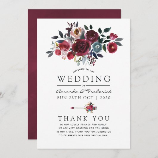 Boho Chic Burgundy and Navy floral Wedding Programmakaart (Voorkant / Achterkant)