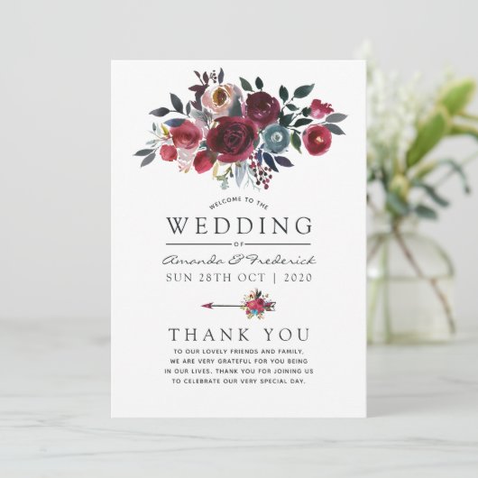 Boho Chic Burgundy and Navy floral Wedding Programmakaart (Staand voorkant)