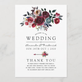 Boho Chic Burgundy and Navy floral Wedding Programmakaart