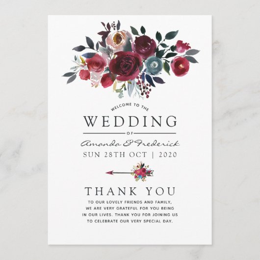 Boho Chic Burgundy and Navy floral Wedding Programmakaart (Voorkant)