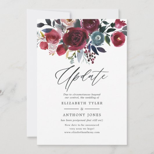 Boho Chic Burgundy and Navy floral Wedding Update Kaart (Voorkant)