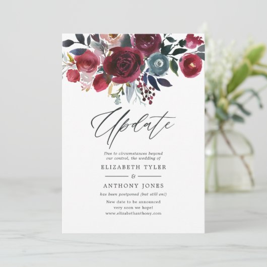 Boho Chic Burgundy and Navy floral Wedding Update Kaart (Staand voorkant)