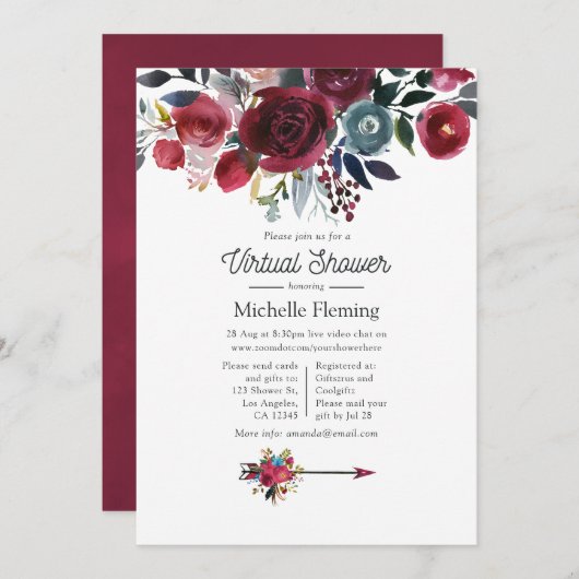 Boho Chic Burgundy and Navy Virtual Baby shower Kaart (Voorkant / Achterkant)