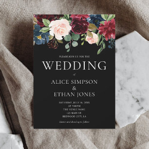 Boho Chic Burgundy Blue Flowers Wedding Kaart