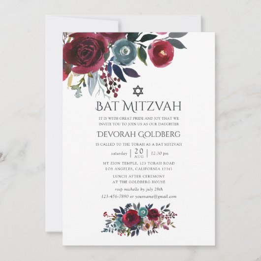 Boho Chic Burgundy en Navy Bat Mitzvah Kaart (Voorkant)