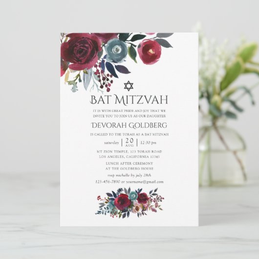 Boho Chic Burgundy en Navy Bat Mitzvah Kaart (Staand voorkant)