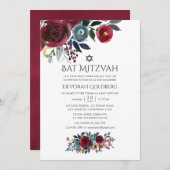 Boho Chic Burgundy en Navy Bat Mitzvah Kaart (Voorkant / Achterkant)