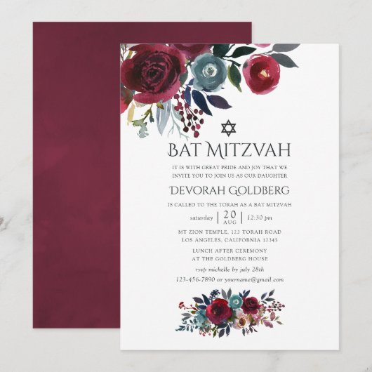 Boho Chic Burgundy en Navy Bat Mitzvah Kaart (Voorkant / Achterkant)