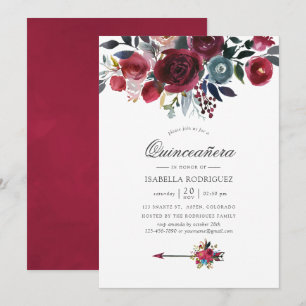 Boho Chic Burgundy en Navy bloemige Quinceañera Kaart