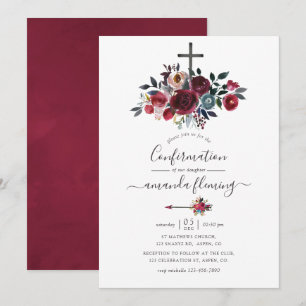 Boho Chic Burgundy en Navy Bloemrijke Confirmatie Kaart
