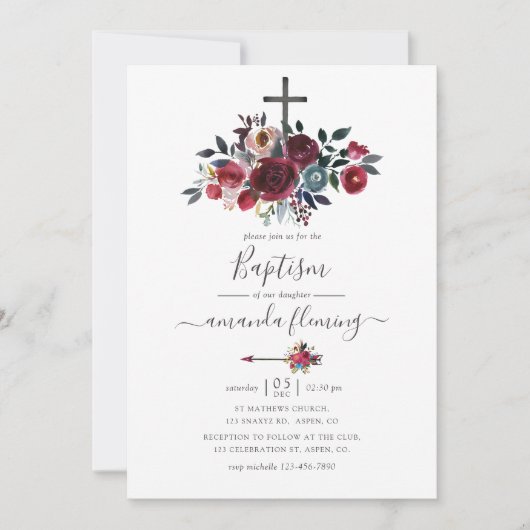 Boho Chic Burgundy en Navy Floral Baptism Kaart (Voorkant)