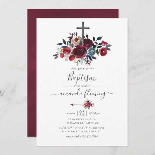 Boho Chic Burgundy en Navy Floral Baptism Kaart (Voorkant / Achterkant)