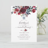 Boho Chic Burgundy en Navy Floral Bat Mitzvah Kaart (Staand voorkant)