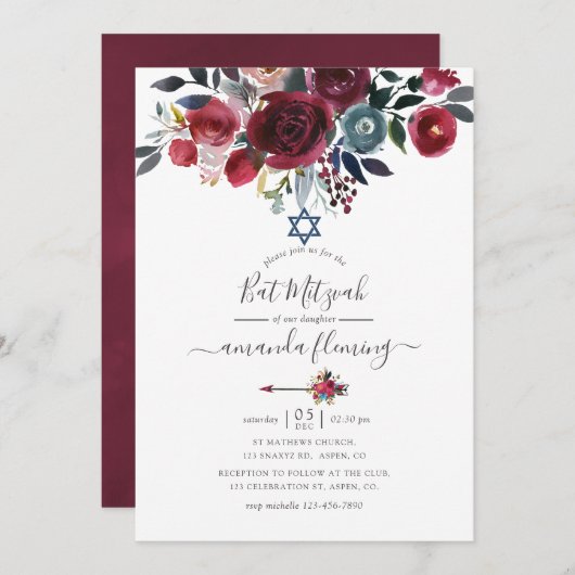 Boho Chic Burgundy en Navy Floral Bat Mitzvah Kaart (Voorkant / Achterkant)