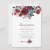 Boho Chic Burgundy en Navy floral Quinceañera Kaart (Voorkant)