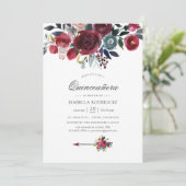 Boho Chic Burgundy en Navy floral Quinceañera Kaart (Staand voorkant)
