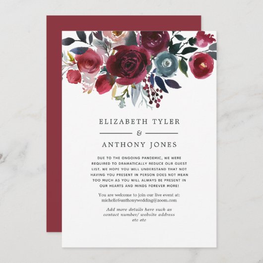 Boho Chic Burgundy en Navy Gereduceerde Gastlijst Aankondiging (Voorkant / Achterkant)