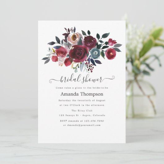 Boho Chic Burgundy & Navy floral Brunch en Bubble Kaart (Staand voorkant)