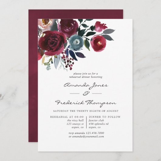 Boho Chic Burgundy & Navy floral Rehearsal Dinner Kaart (Voorkant / Achterkant)