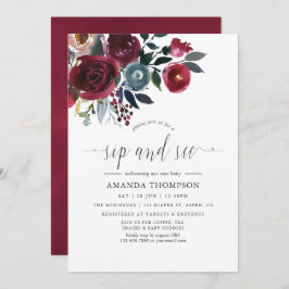 Boho Chic Burgundy & Navy floral Sip and See Kaart