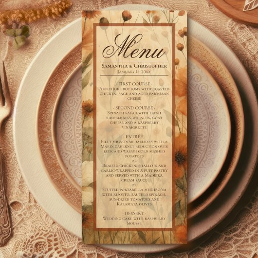 Boho Chic Burnt Sienna Waterverf Bloemen Bruiloft Menu