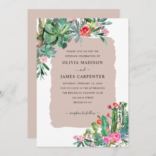 Boho Chic Cactus Succulent Greenery Floral Wedding Kaart (Voorkant / Achterkant)