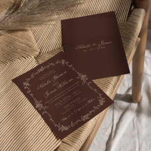 Boho Chic Chocolade Bruin Bloemig Oud Geld Huwelij Kaart