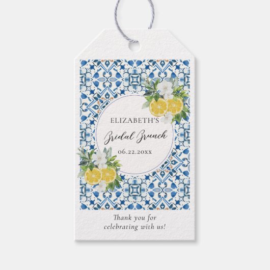 Boho Chic Citrus Italiaanse Blauwe Tegel Bruidsdou Cadeaulabel (Voorkant)