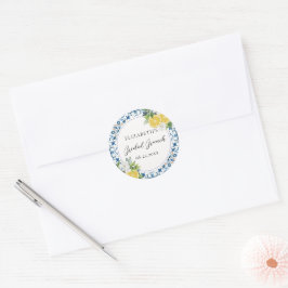 Boho Chic Citrus Italiaanse Blauwe Tegel Bruidsdou Ronde Sticker
