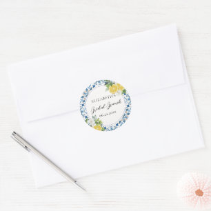 Boho Chic Citrus Italiaanse Blauwe Tegel Bruidsdou Ronde Sticker