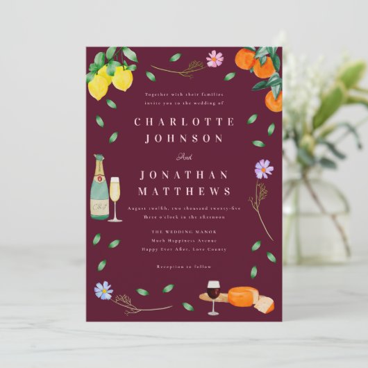Boho Chic Citrus Rustic Burgundy Pink Wedding Kaart (Staand voorkant)