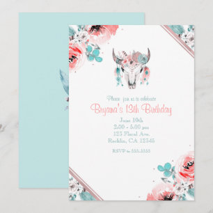 Boho Chic Cow Skull Floral Birthday Uitnodiging