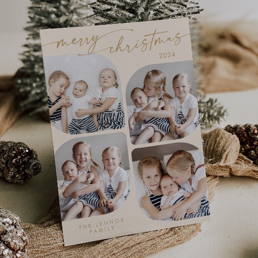 Boho Chic Cream Gold Familie Multi Foto Kerstmis Feestdagenkaart