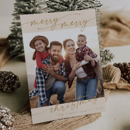 Boho Chic Cream Gold Familiefoto Schattige Kerst Feestdagenkaart