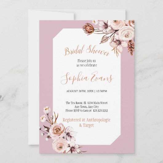 Boho Chic Crème en Bruine Bloemige Bruiloftsfeest Kaart (Voorkant)