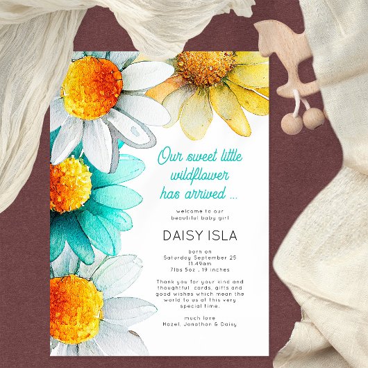 Boho Chic Daisies Wildflower Dank je geboorte Aankondiging