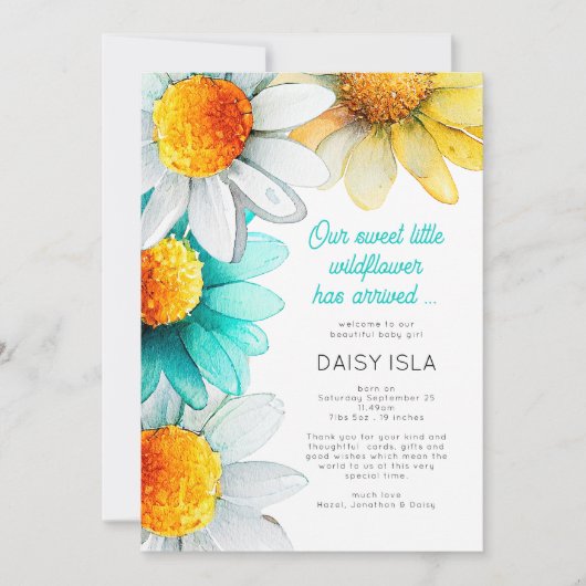Boho Chic Daisies Wildflower Dank je geboorte Aankondiging (Voorkant)