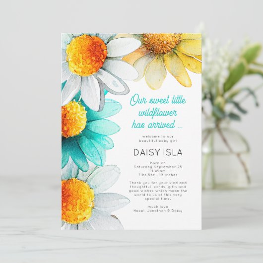 Boho Chic Daisies Wildflower Dank je geboorte Aankondiging (Staand voorkant)