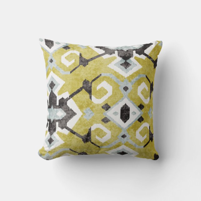 Boho chic dark grijs en yellow ikat tribal patroon kussen (Voorkant)