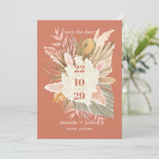 Boho Chic Desert Dried Foliage and Pampas Wedding Save The Date (Staand voorkant)