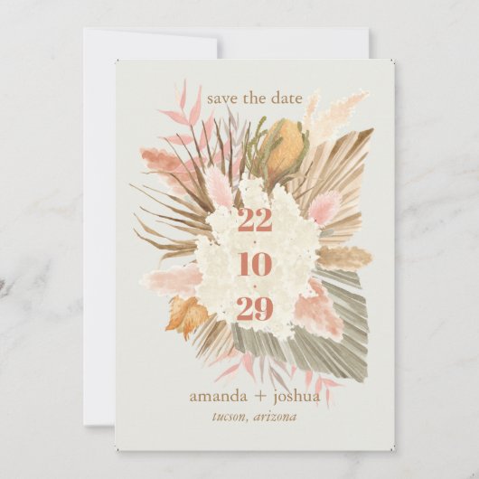 Boho Chic Desert Dried Foliage and Pampas Wedding Save The Date (Voorkant)