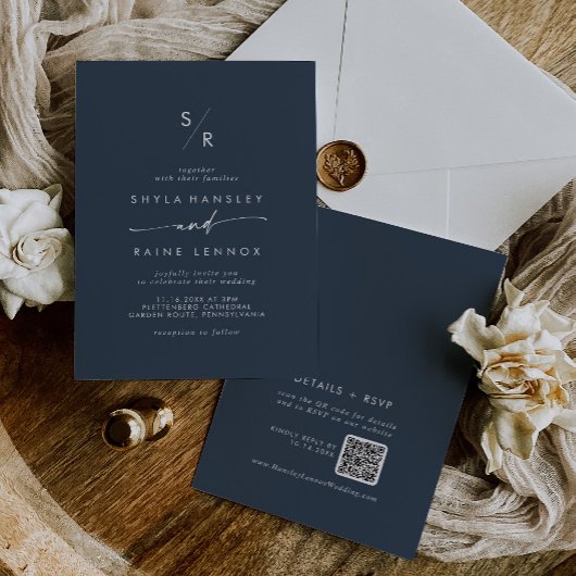 Boho Chic Donker Navy Blauw Monogram QR Code Bruil Kaart