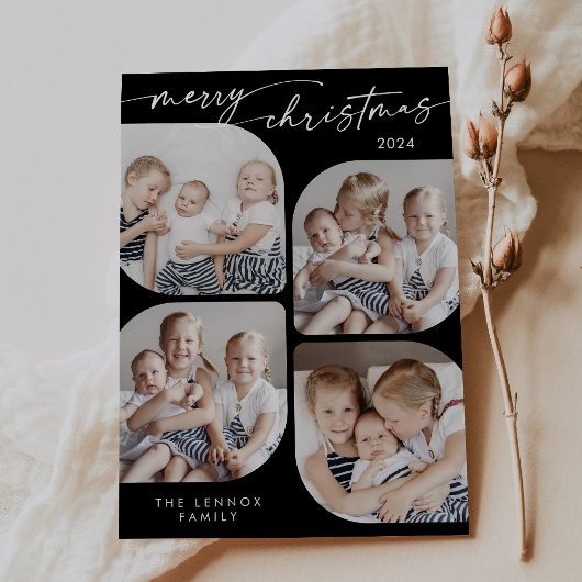 Boho Chic Donker Zwart Familie Multi Foto Kerstmis Feestdagenkaart