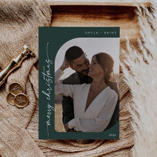 Boho Chic Donkergroen Foto Eenvoudige Vrolijke Ker Feestdagenkaart